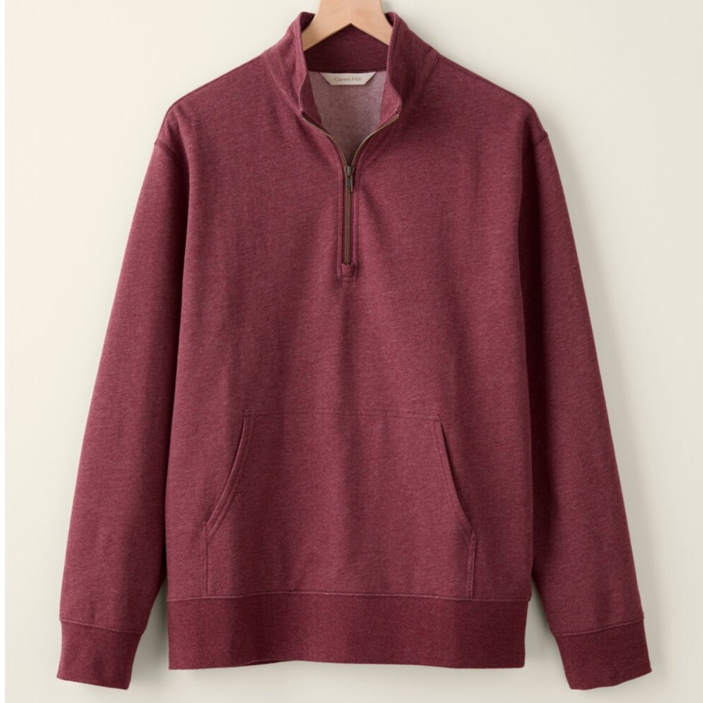 Garnet Hill Mens French Terry Quarter-Zip Sweatshirt Heathered Red  Large cozy